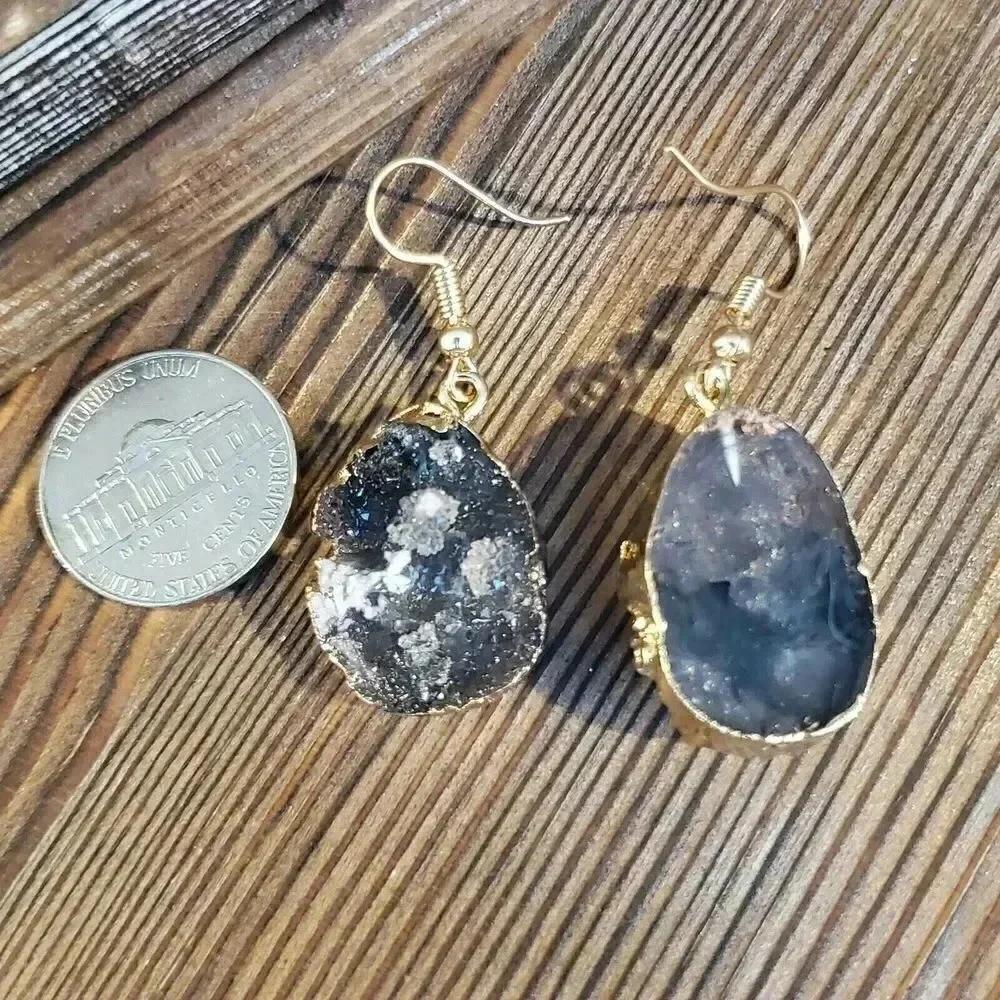 Druzy Agate Teardrop Earrings Gold Plated Gray Black